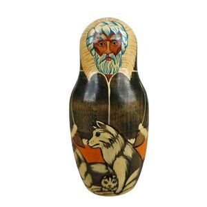 Vintage St Herman of Alaska With Wolves Hand-Painted Russian Nesting Doll 5"
